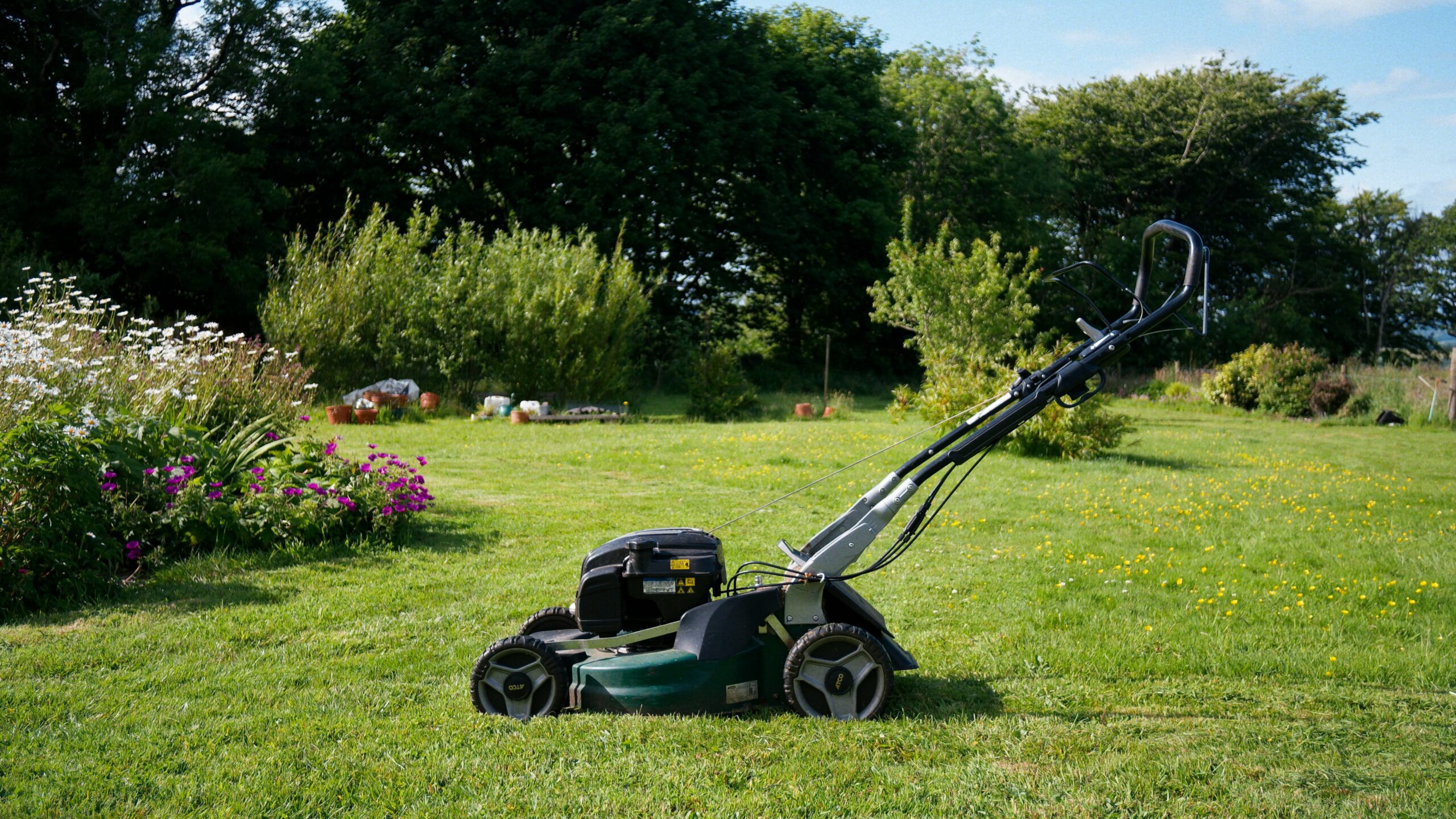 Professional lawn care mower side view used for ground maintenance in Swindon by Grass Cutting Swindon, overlaid with the text "Professional Lawn Care"
