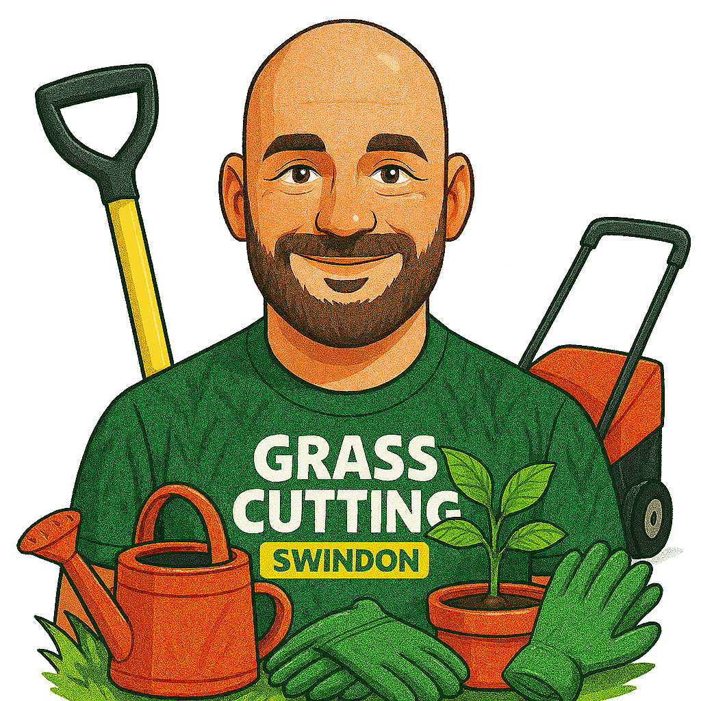 “Lifelike portrait of a bald, bearded gardener wearing a dark green Grass Cutting Swindon T-shirt, surrounded by a shovel, watering can, potted plant, gloves and a lawn mower against a white background.”